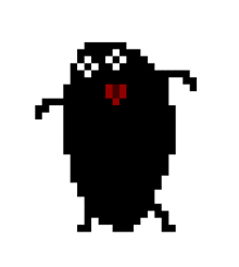 a pixel art illustration of a black monster with a red tongue and arms .