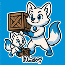 a cartoon of a white fox carrying a wooden crate with the word heavy below it