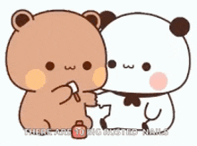 a couple of teddy bears standing next to each other eating ice cream .