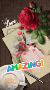 a cup of coffee sits on a saucer next to a piece of paper that says amazing on it