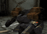 a video game shows a robot fighting another robot in a building