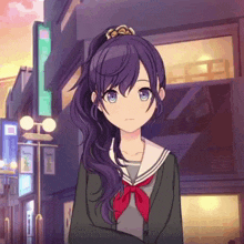 a girl with purple hair is wearing a school uniform and a red bow tie