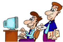 a cartoon of a man sitting at a desk using a computer and another man holding a java book