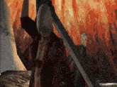 a woman in a red jacket holds a large sword