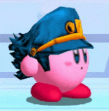 kirby is wearing a blue hat with a yellow band around it .