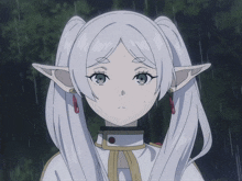 a girl with white hair and ears has a red earring