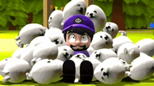 a man in a purple hat is sitting in a pile of white seals