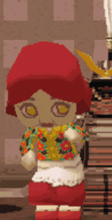 a pixel art drawing of a girl with red hair and yellow eyes