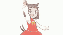 a cartoon girl in a red dress with cat ears is pointing her finger up .