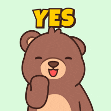 a brown teddy bear with a yellow yes sign above his head