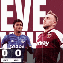 two soccer players wearing jerseys that say cazoo and etway are standing next to each other