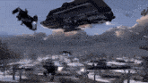 a video game scene with a space ship flying over a snowy area