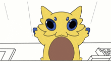 a cartoon drawing of a yellow cat with blue eyes and a brown nose