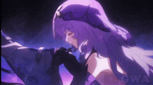a girl with purple hair is holding a man 's hand in a video game .