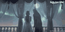 a man and a woman are standing under a canopy with the words love between fairy and devil on the bottom