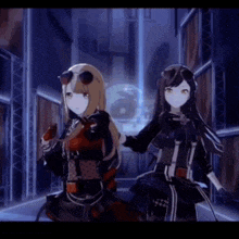 two anime girls are standing next to each other in a dark hallway