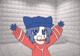 a cartoon drawing of a girl with blue hair and a blue hat