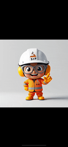 a cartoon character wearing a hard hat and ear muffs is giving a peace sign .