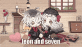 a couple of anime characters sitting next to each other with the words " leon and seven " in the corner