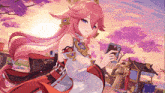 a girl with pink hair is holding a phone