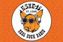 a logo for kshe 15 st. louis real rock radio with a dog wearing headphones