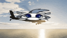 a drawing of a helicopter with blue eyes flying over a body of water