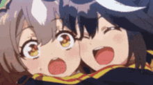 a couple of anime girls are hugging each other and looking at the camera .