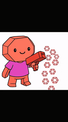 a cartoon character is holding a gun and shooting red balls