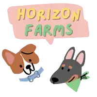 a cartoon illustration of two dogs and the words horizon farms above them