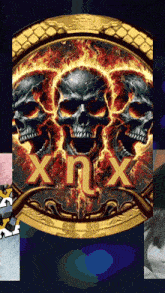 a picture of three skulls with the letters xnx on it