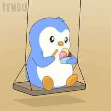 a penguin is sitting on a swing holding a cupcake and a banana