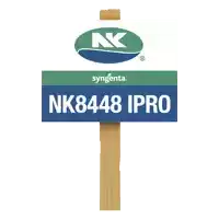 a sign for syngenta nk8448 ipro is attached to a wooden post