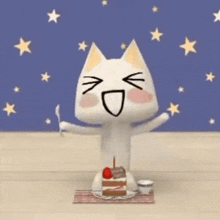 a cartoon cat is eating a piece of cake