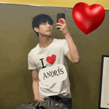 a man taking a picture of himself with a i andres shirt on