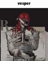 a man with red hair and a bandaged face is standing in front of a book .