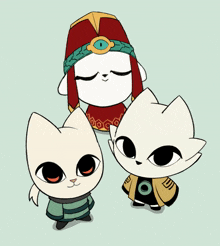 three cartoon cats are standing next to each other with one wearing a hat