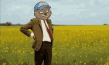 a man in a suit and tie stands in a field of flowers