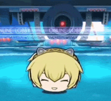 a cartoon character with a cat ear headband is in front of a sign that says " online lobby "