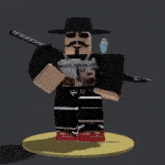 a roblox character with a hat and mustache is holding a sword .
