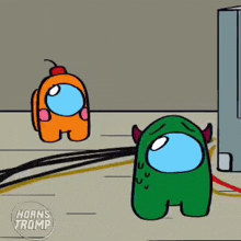 a cartoon of a green among us character holding a gun next to an orange character .