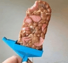 a person is holding a piece of food on a stick .
