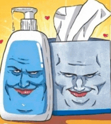 a cartoon drawing of a bottle of hand soap and a box of tissues