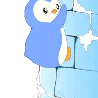 a blue and white penguin is standing next to a wall of ice