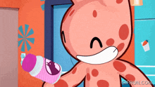 a cartoon character is holding a pink bottle and the website gifrun.com is on the bottom