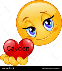 a cartoon smiley face is holding a red heart with the name cayden on it .