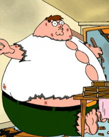 a cartoon of peter griffin with a white shirt and green pants