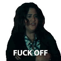 a woman with long hair says fuck off on a white background