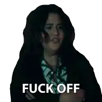 a woman with long hair says fuck off on a white background