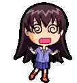 a cartoon girl with purple hair and a swirl in her eyes is standing with her arms outstretched .