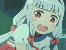 a girl with white hair and red eyes is looking up